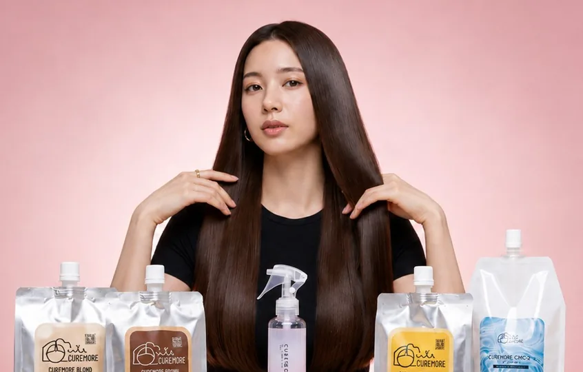 長いストレートヘアの女性と、手前に並んだ縮毛矯正剤の商品