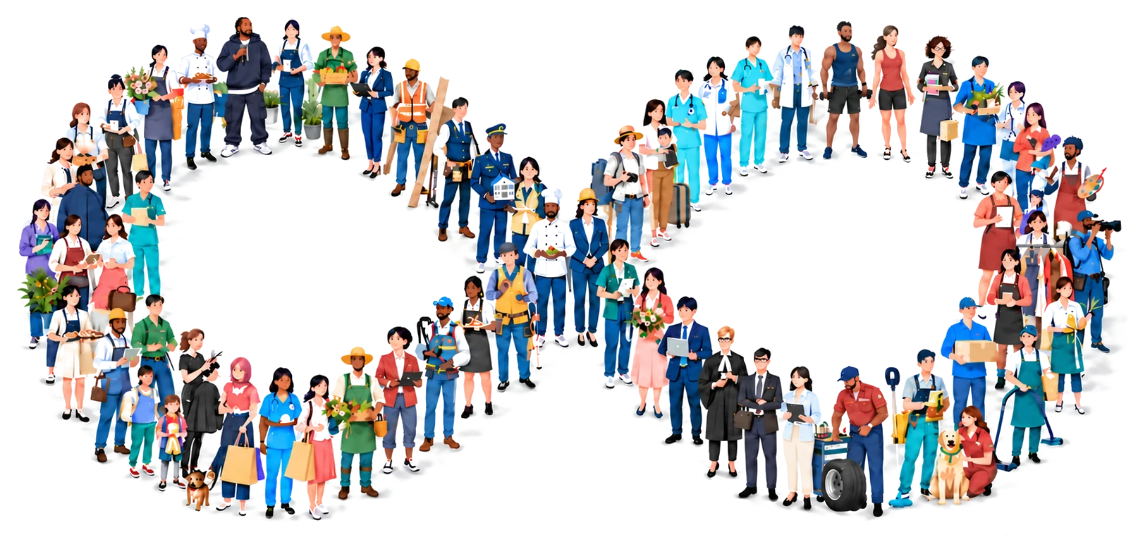 いろいろな職業の人が並んで無限の形を描いたイラスト